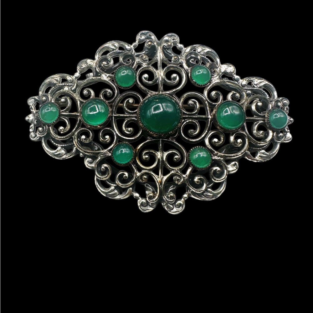 Vintage Victorian Revival Green Cabochon Brooch